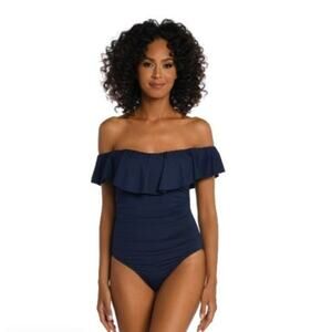 La Blanca | Navy Blue Island Ruffle Off-Shoulder One-Piece - Women Size 6